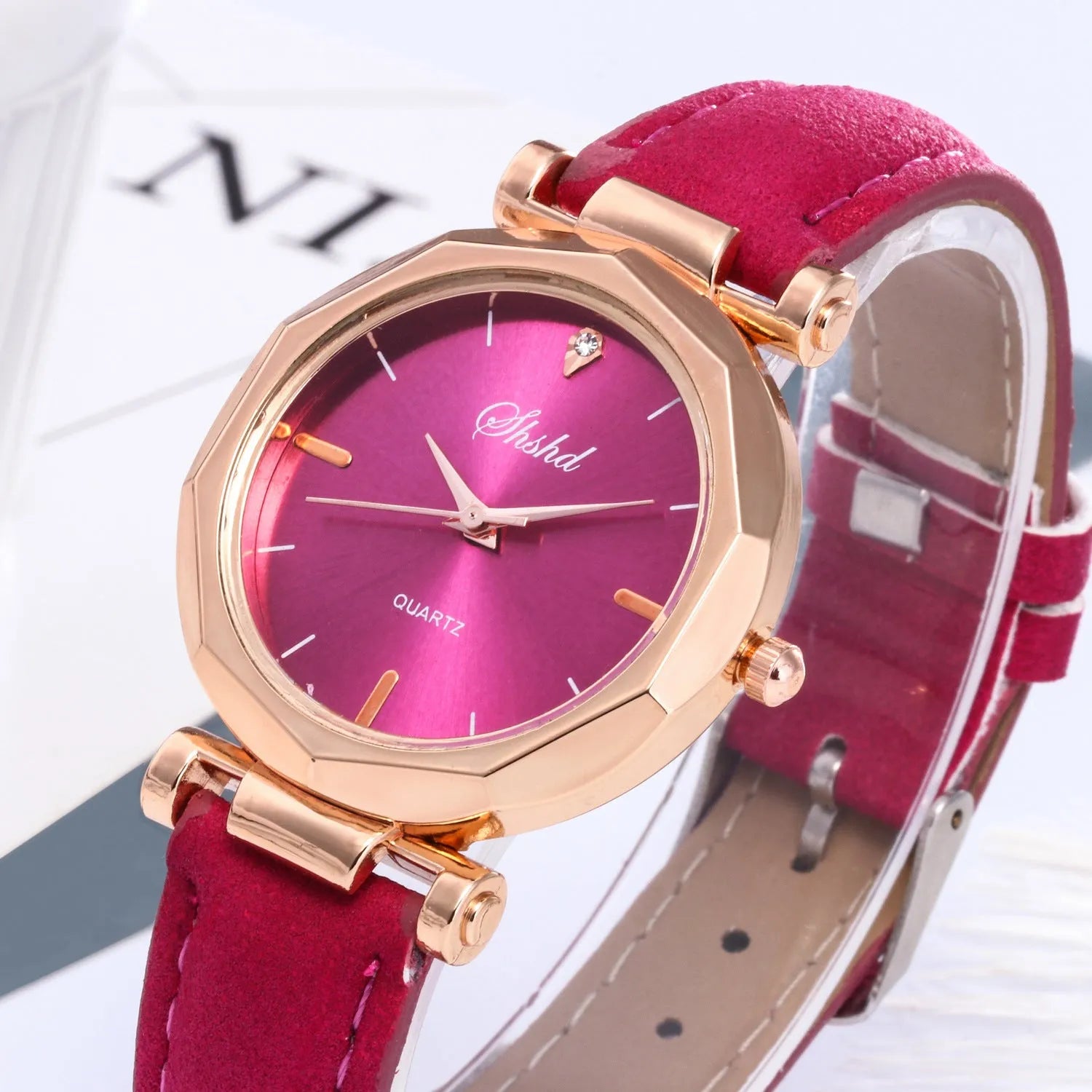 New ladies casual watch with round plastic case, PU strap, and pointer display in multiple colours