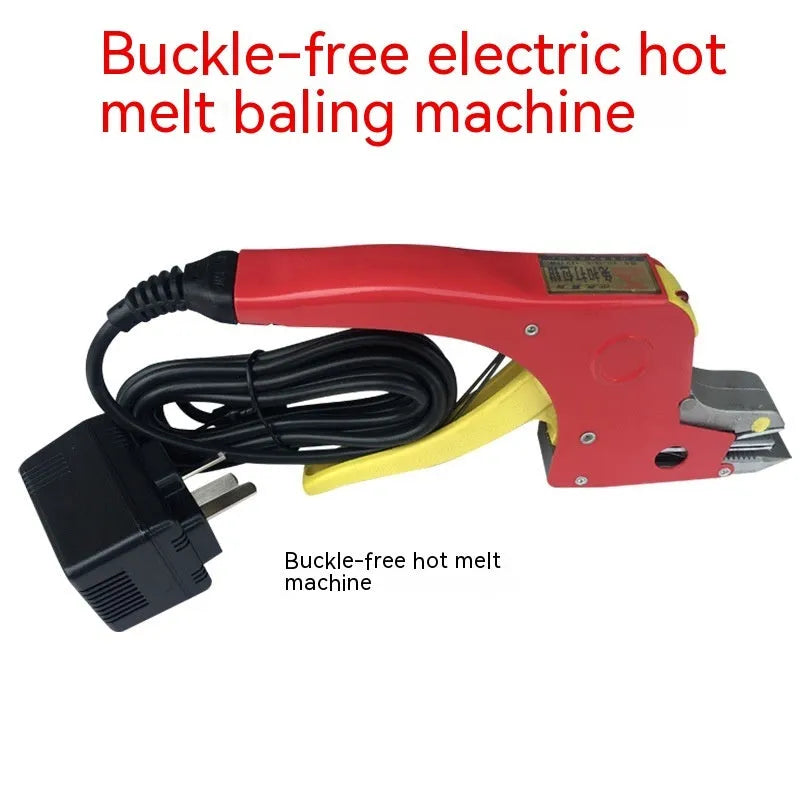 Electric hot melt packing machine with plastic steel tensioner and yellow packaging tape for portable buckle-free packing