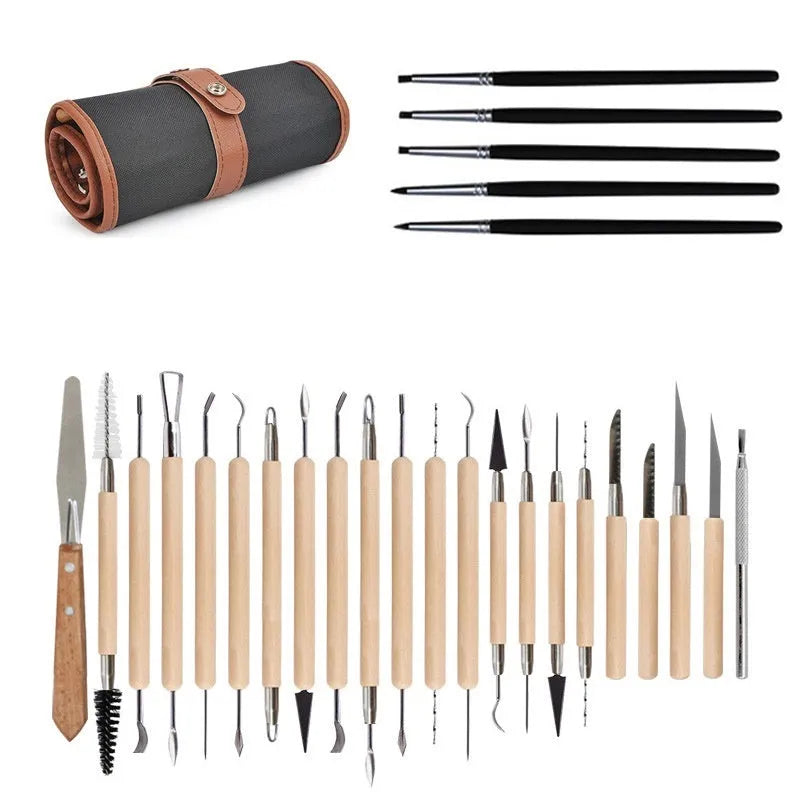 27-piece brown pottery clay tool set with stainless steel, wood and plastic tools rolled in a storage bag.