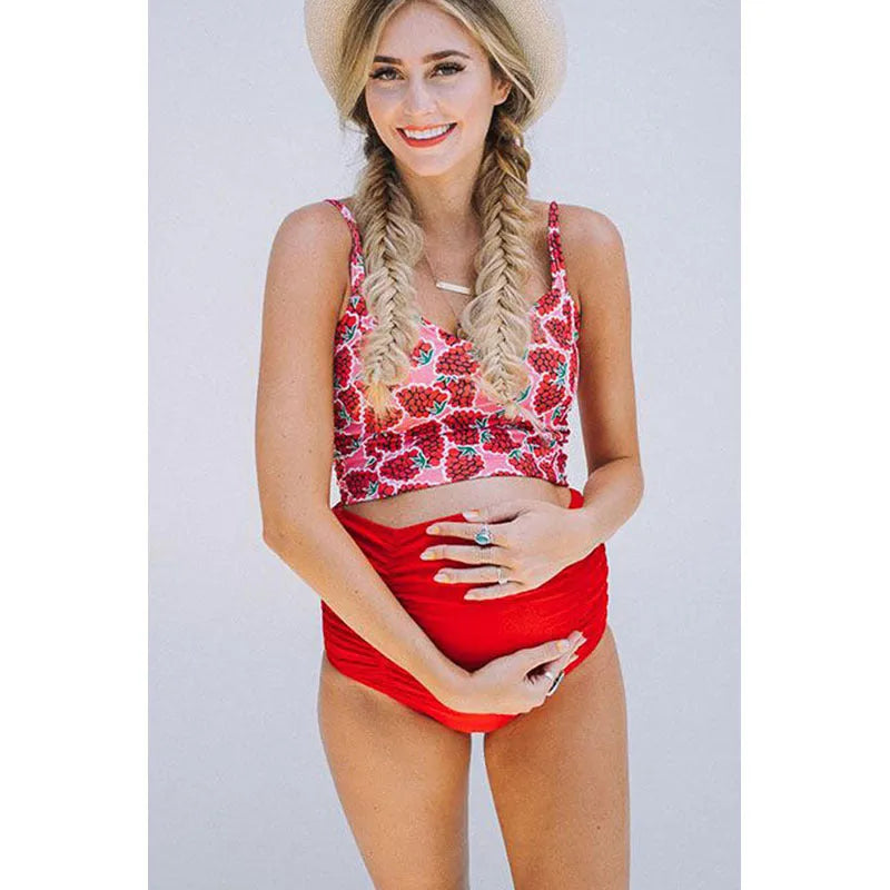 High waist maternity swimsuit with swim trunks in Red for pregnant women