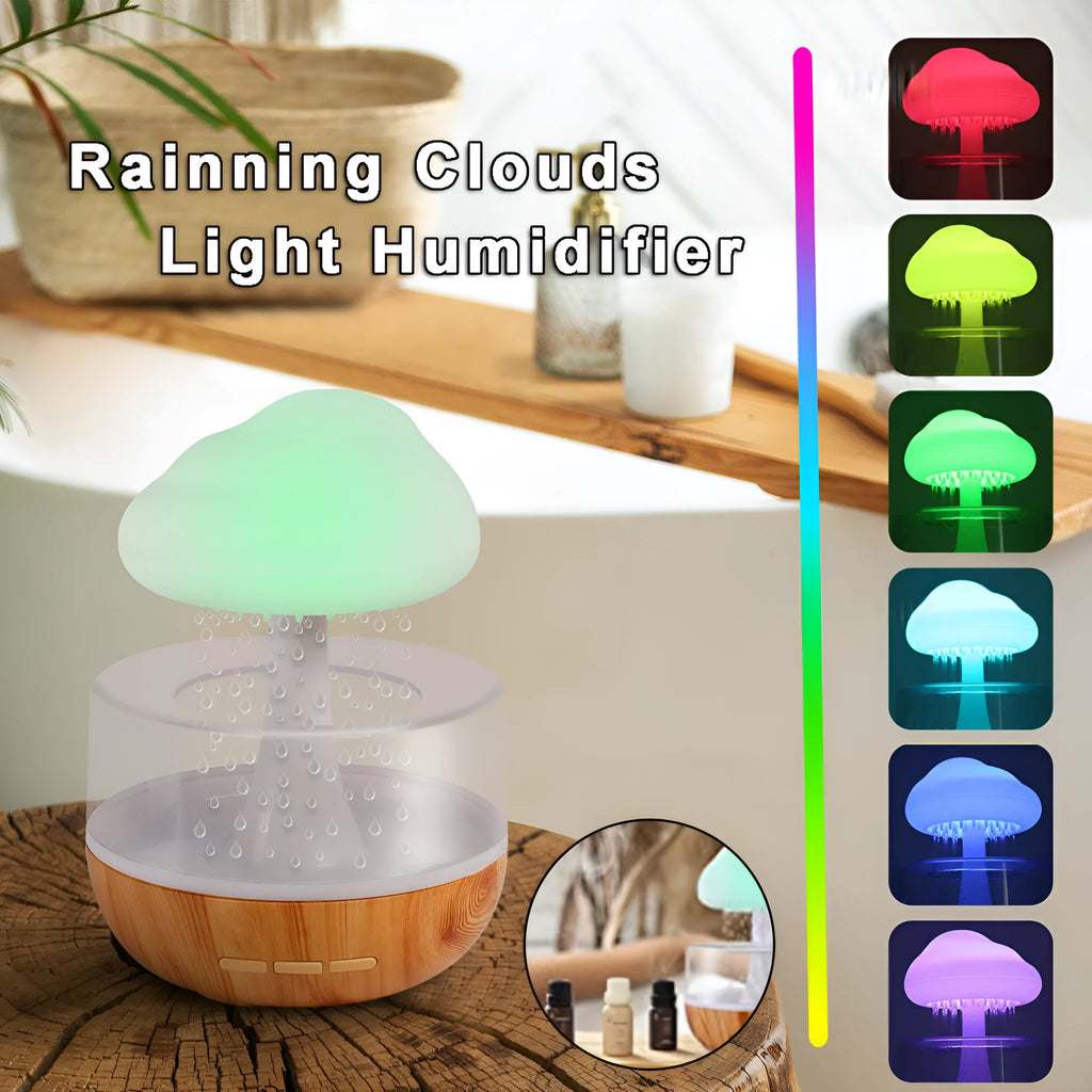 White raining cloud shaped humidifier with colour changing night light and water droplet mist
