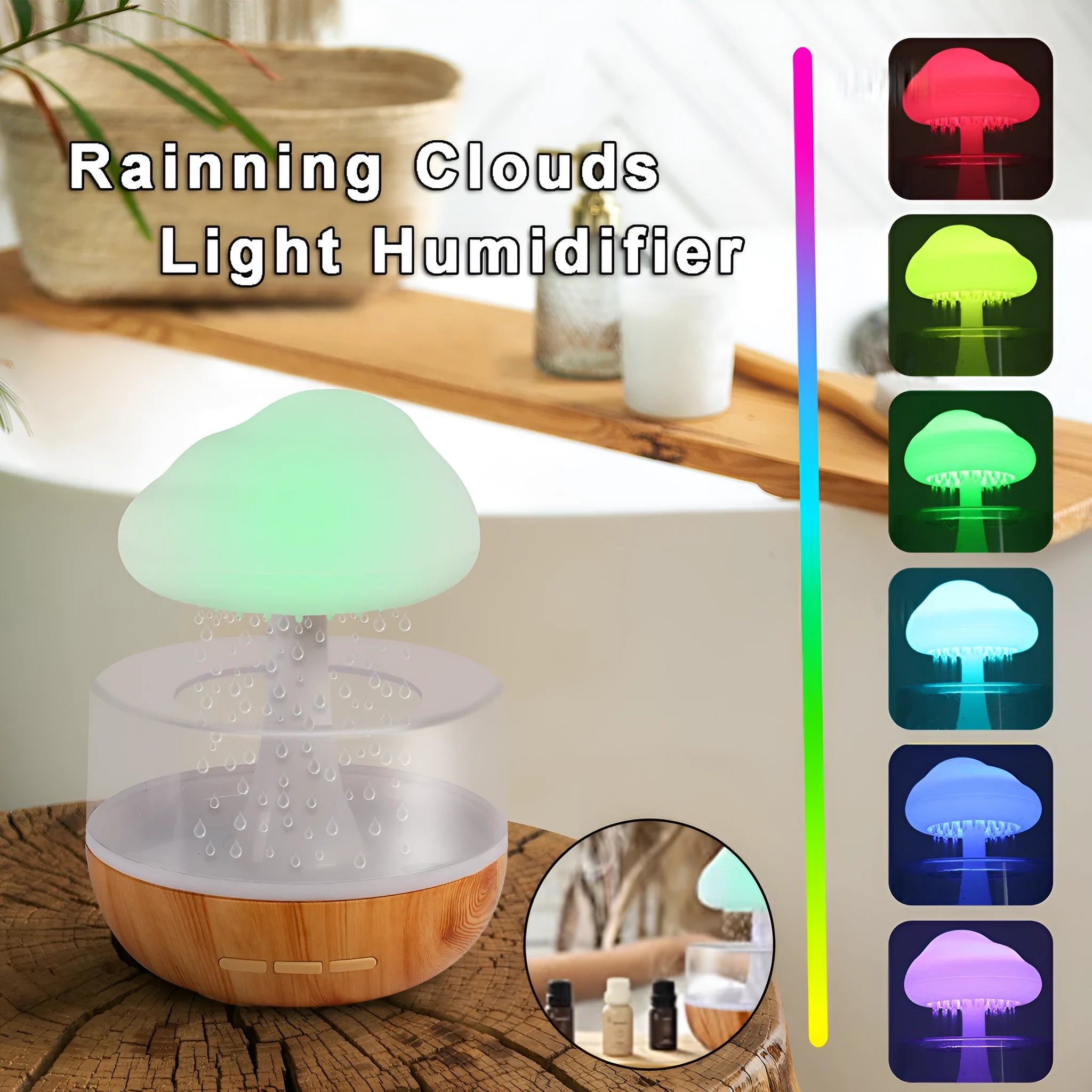 White raining cloud shaped humidifier with colour changing night light and water droplet mist