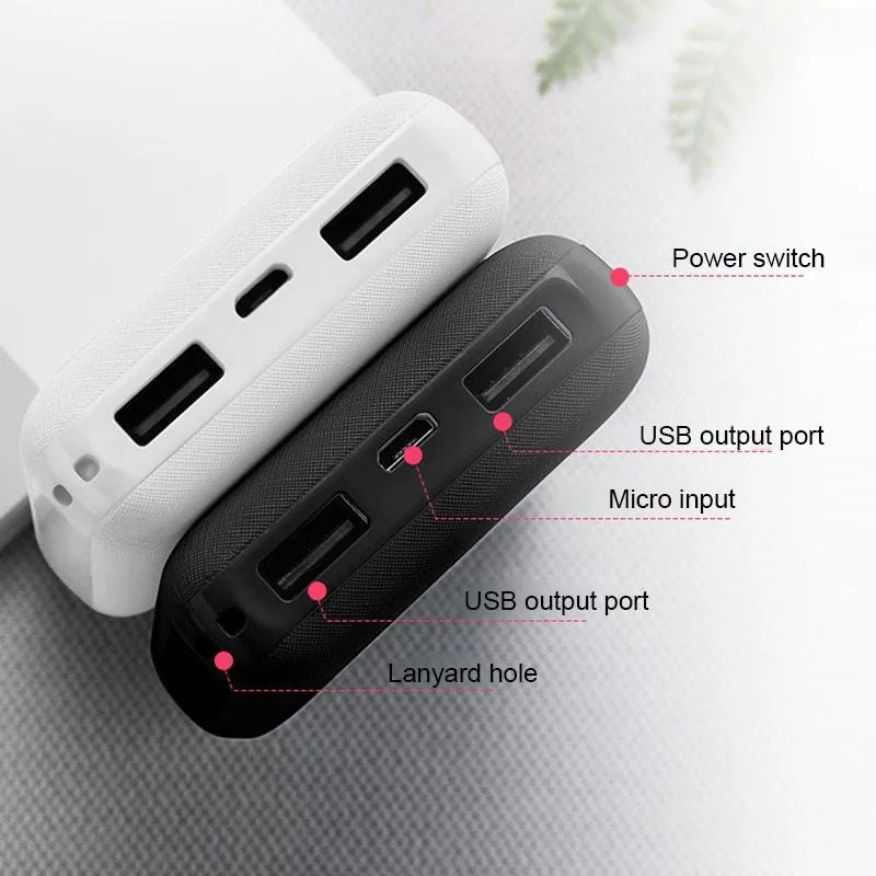 Black and white ultra-thin 10,000mAh power bank measuring 90x63x22mm with multiple USB ports