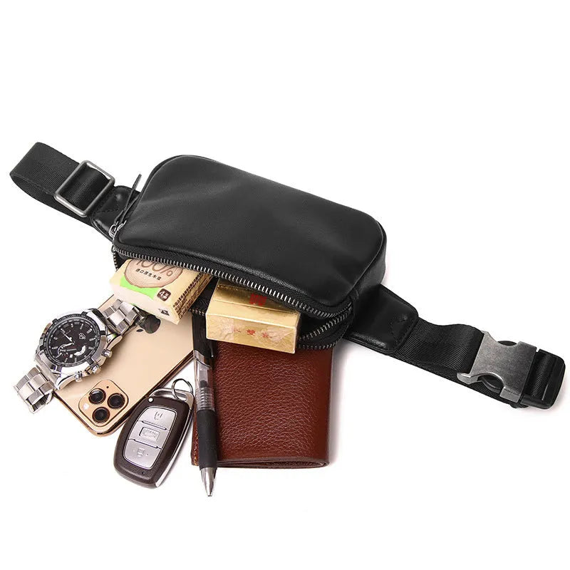 Men's small cowhide leather crossbody bag in black, brown, and light brown solid colours, 17cm x 3.5cm x 11cm