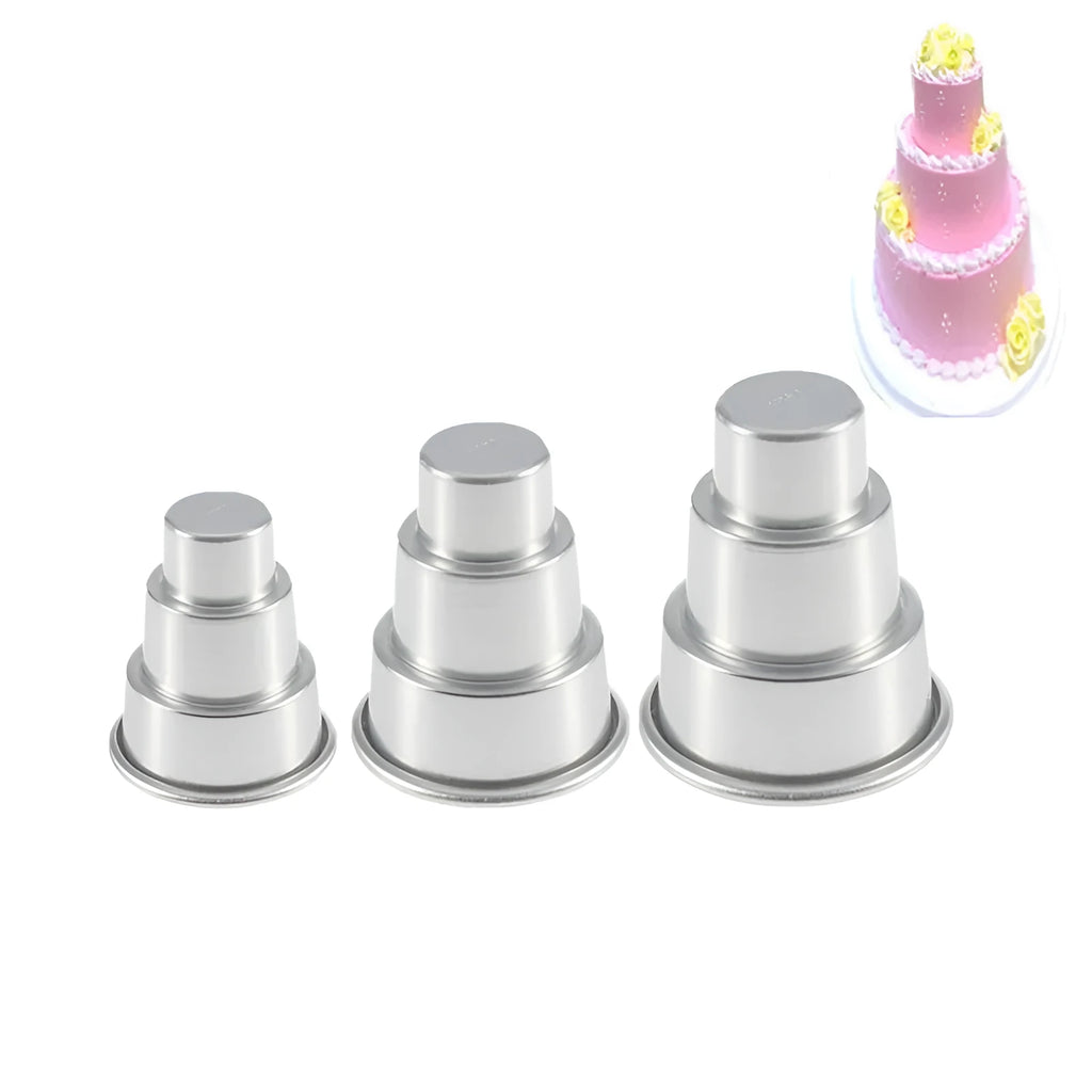 Three aluminium alloy cake moulds in silver finish showing large, medium and small sizes for baking