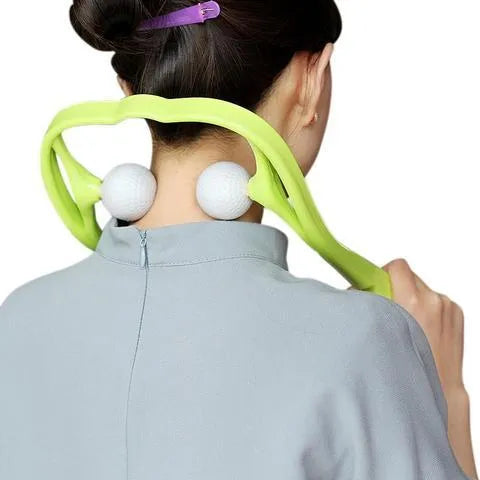 Blue plastic neck massager with hand roller and bracket for pressure point therapy on neck and shoulders