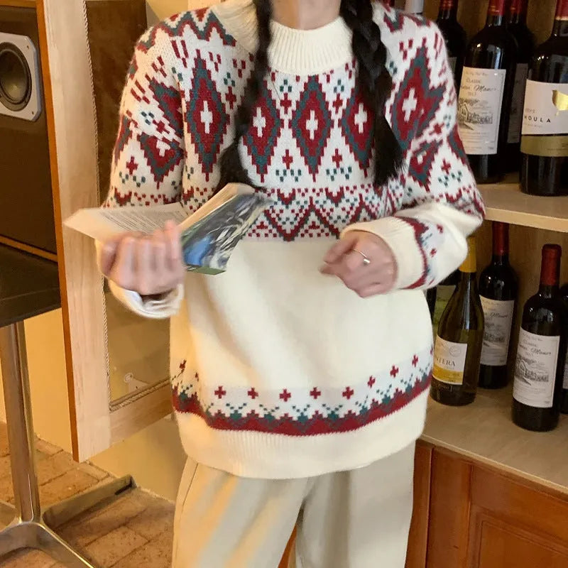 Red and white striped loose retro pullover knitted top with long sleeves