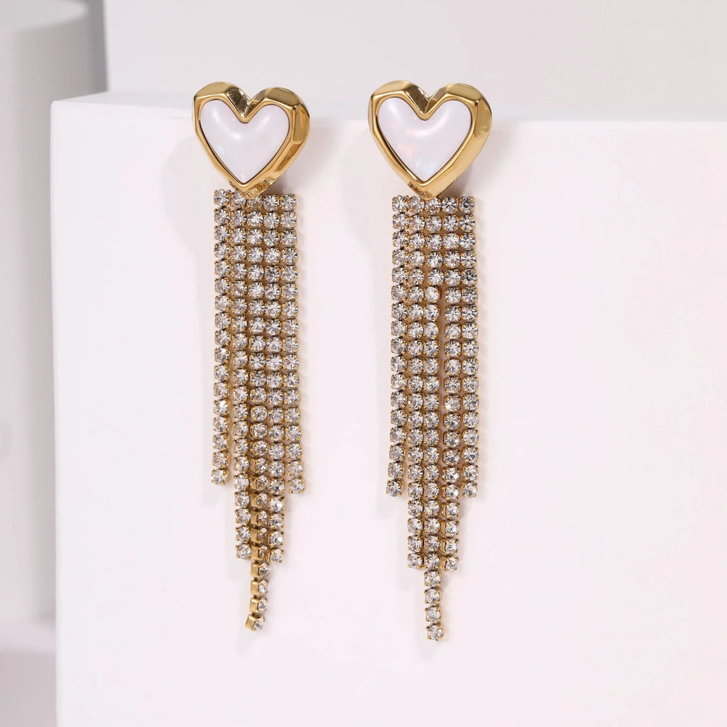 Stainless steel earrings with diamond tassel, heart and star shapes, 18K electroplated finish