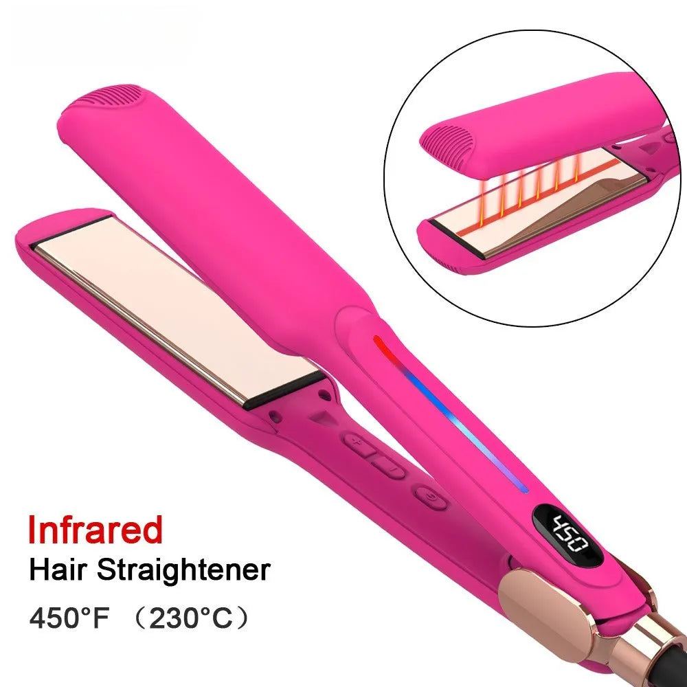 Rose red infrared salon hair straightener and curler with 1.5-inch barrel and negative ion feature on a white background