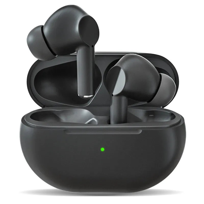 Black and white wireless Bluetooth earbuds with a compact charging case on a white background.