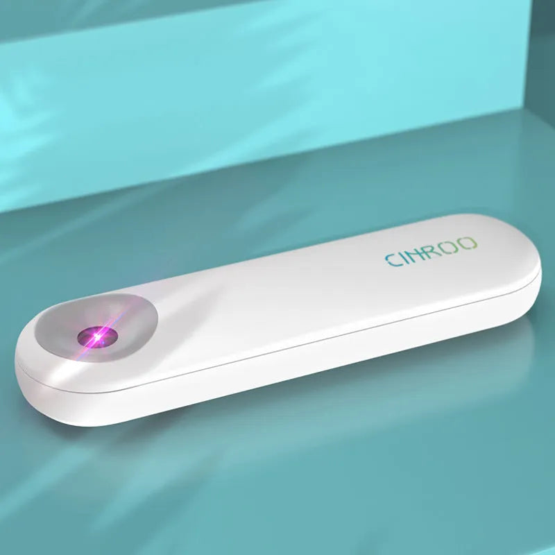 Compact white portable UV sterilizer lamp showing 116mm length and slim profile