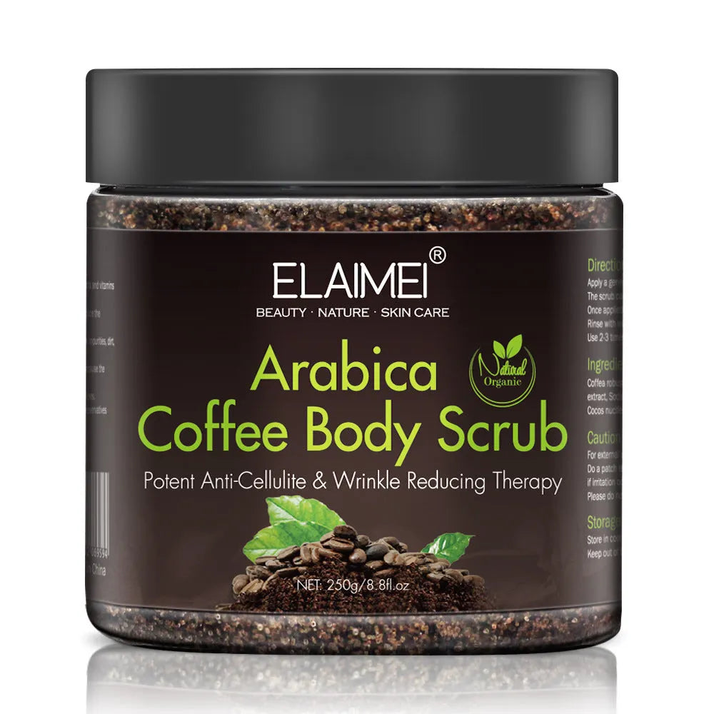 Coffee scrub exfoliating body scrub in a brown tub, 7.3 x 7.3 x 7.5 cm, with sea salt and organic coffee powder