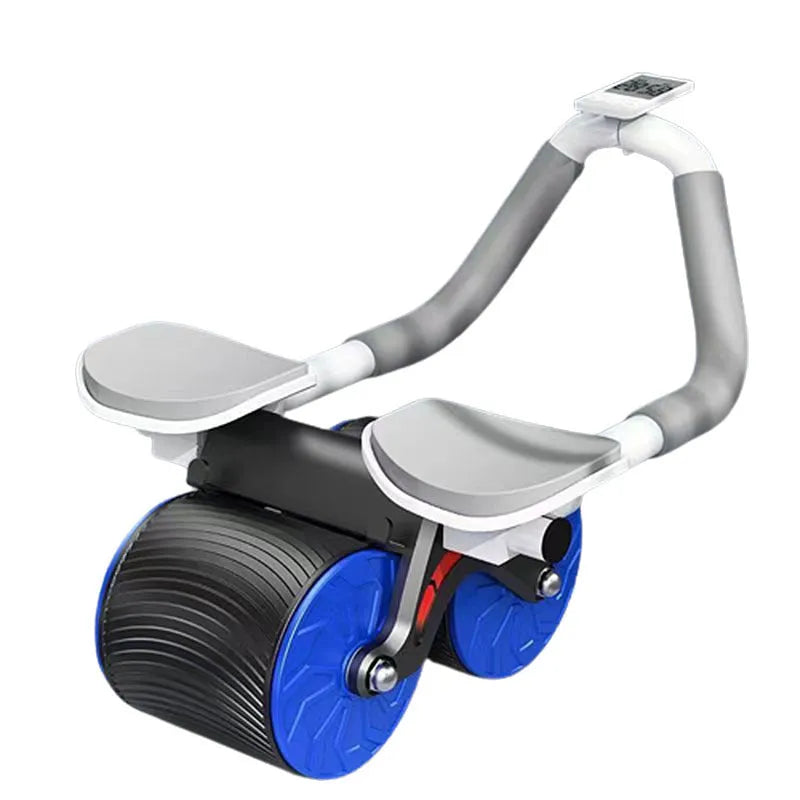 Black abdominal exercise wheel with automatic rebound mechanism beside red and black NBR yoga mat