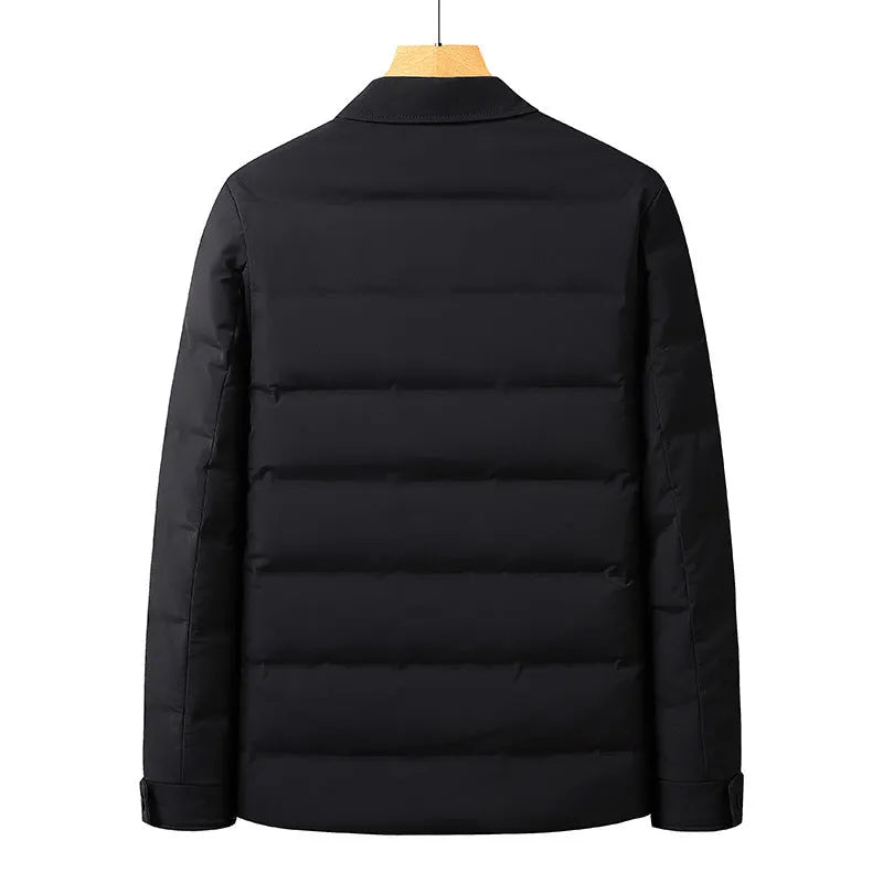 White duck down simple polo collar jacket in black with thickening build, polyester shell, sizes M to 4XL