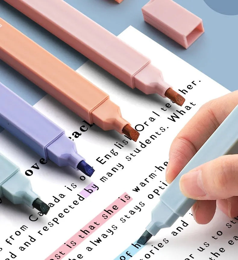Set of double-headed fluorescent marking pens showing fine and broad tips, in mixed colours.