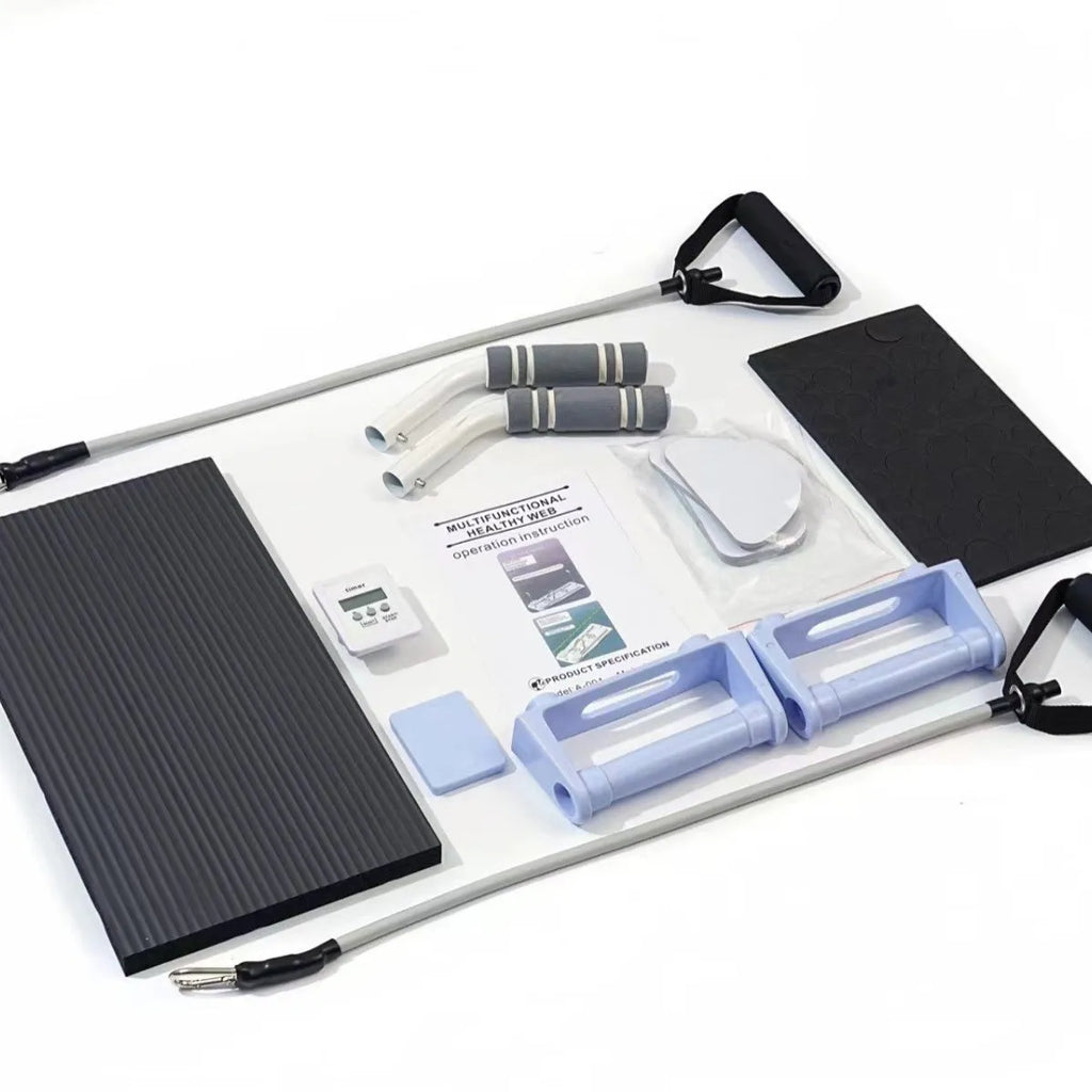 Purple foldable PP plastic belly panel fitness board laid flat on a floor.