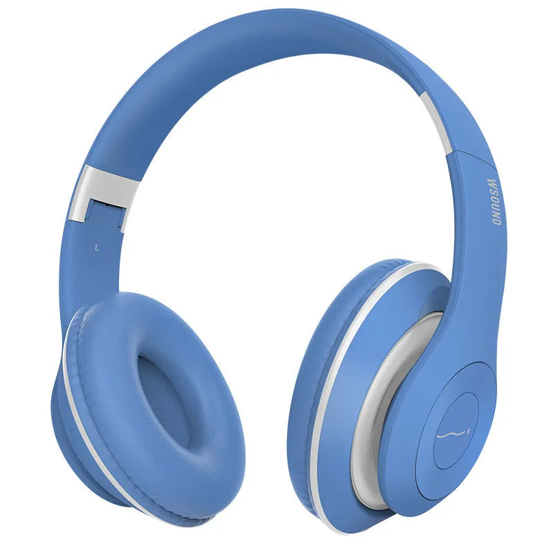 Blue and red Bluetooth wireless stereo headset with ear cups for both ears.