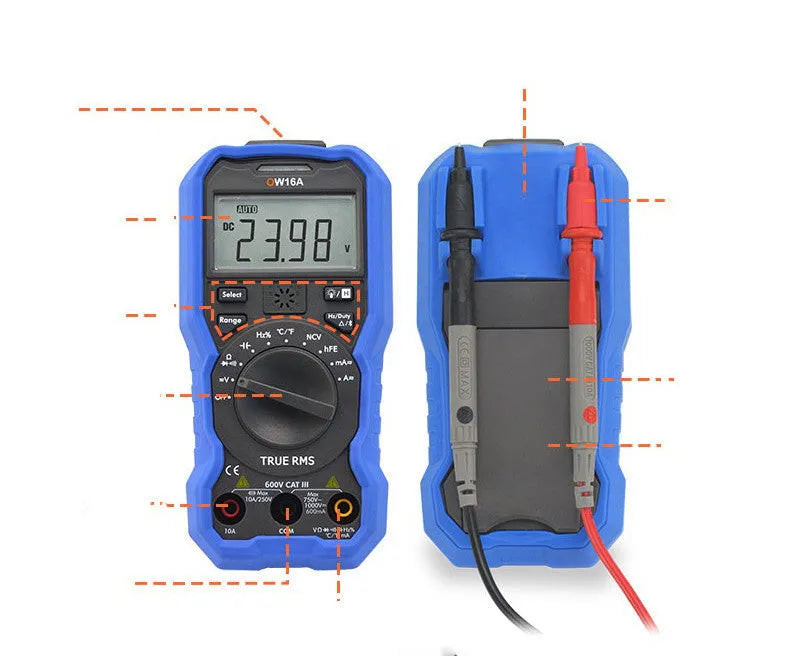 Handheld digital multimeter with NCV voltage sensing and temperature measurement capability