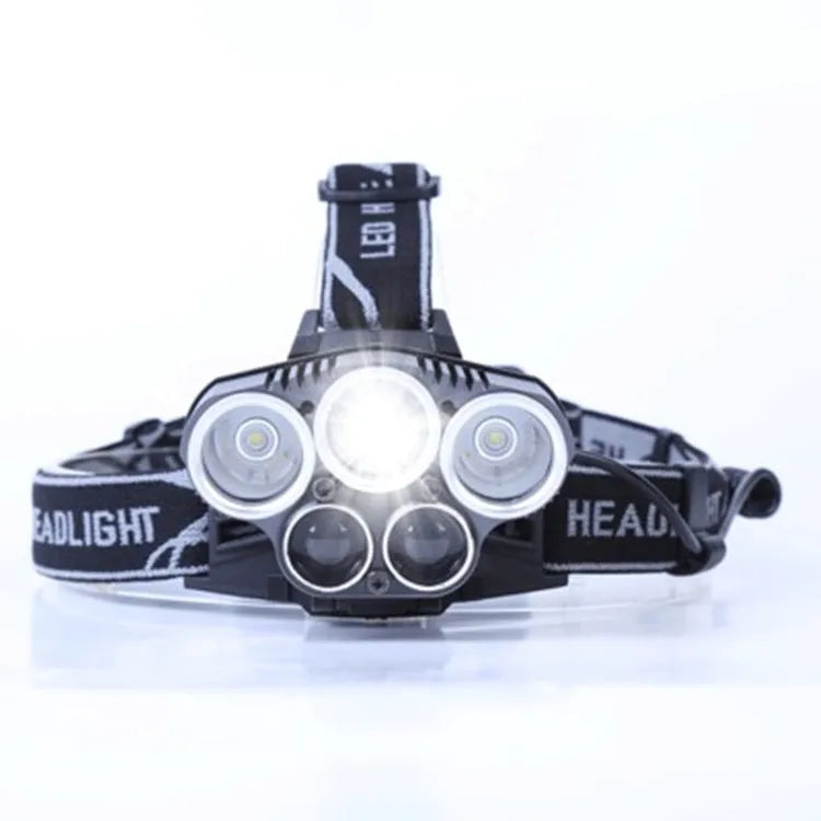 Head-mounted LED camping light with fixed focus beam for 300-500 metre outdoor illumination