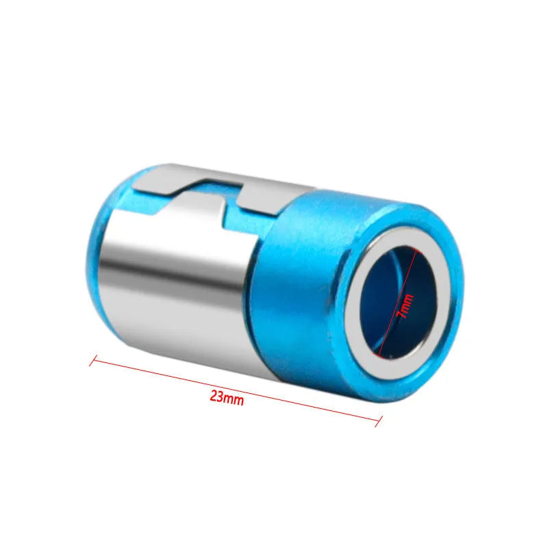 Light blue magnetic screwdriver bit for slotted screws on a plain background.