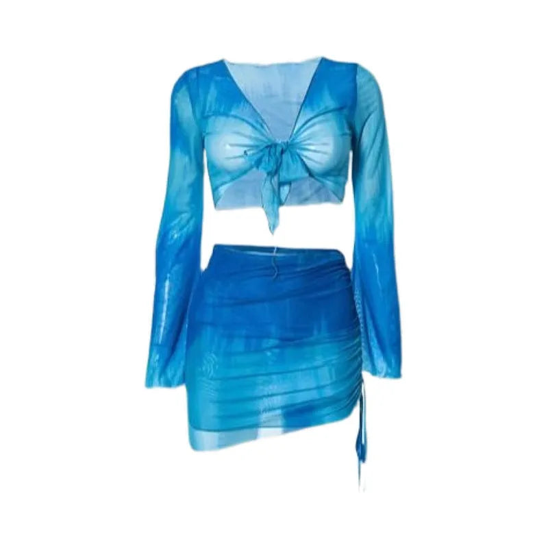 Women's blue four-piece bikini swimsuit set with high-waisted briefs, shirt, and skirt on mannequin
