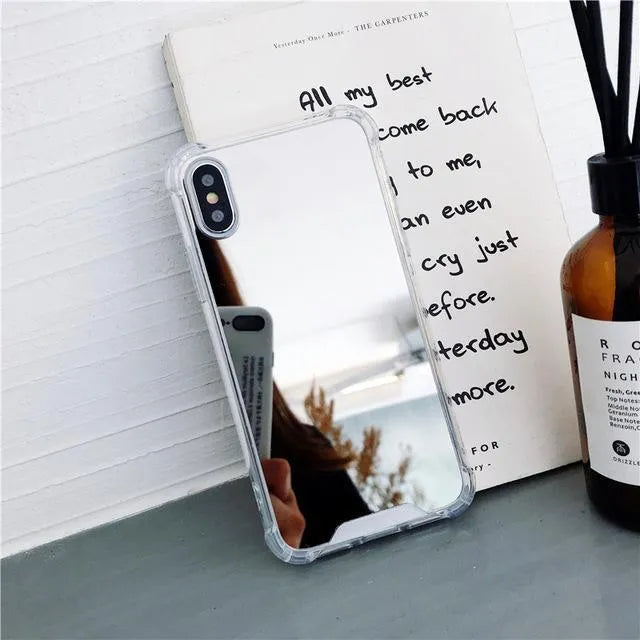 Reflective mirror phone case in soft TPU material available in multiple colours for various iPhone models showing back and side view