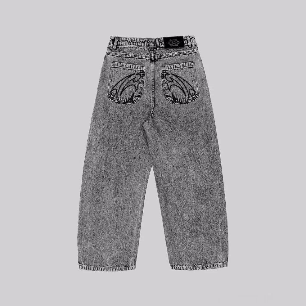 Grey loose straight-leg denim trousers for men and women with cotton fabric and mid waist