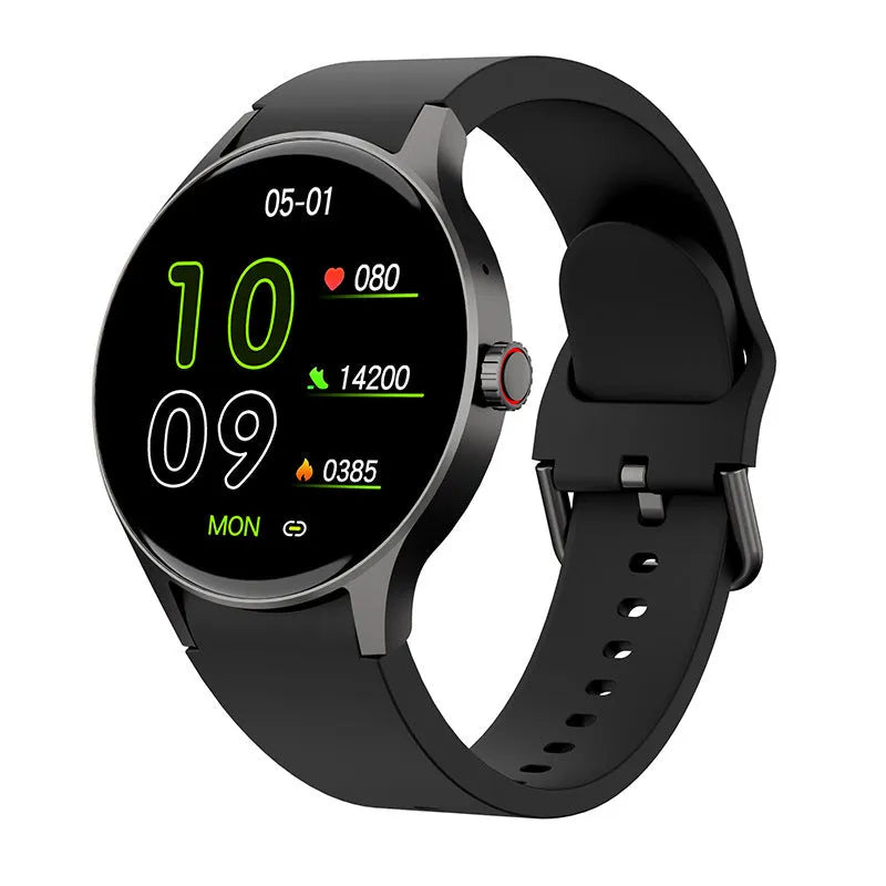 Smart watch with circular AMOLED screen showing health stats, on a black silicone wristband.