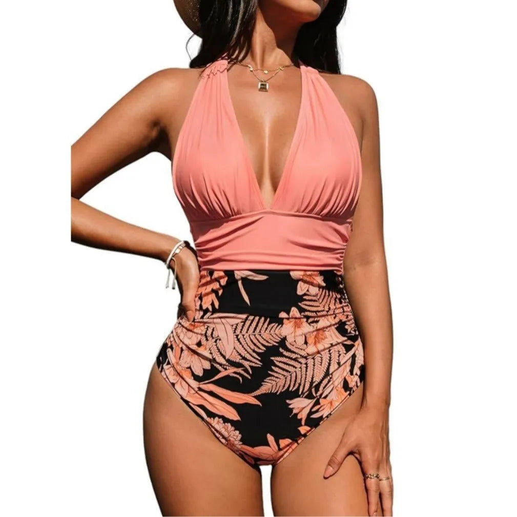 Women's halter neck one-piece swimsuit in quick-dry polyester with floral and print patterns