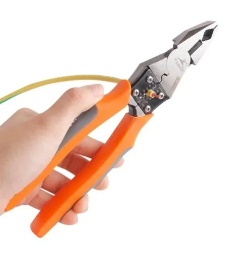 Orange-handled 9-inch multi-function wire cutter pliers with chrome steel head for cutting and stripping wire.