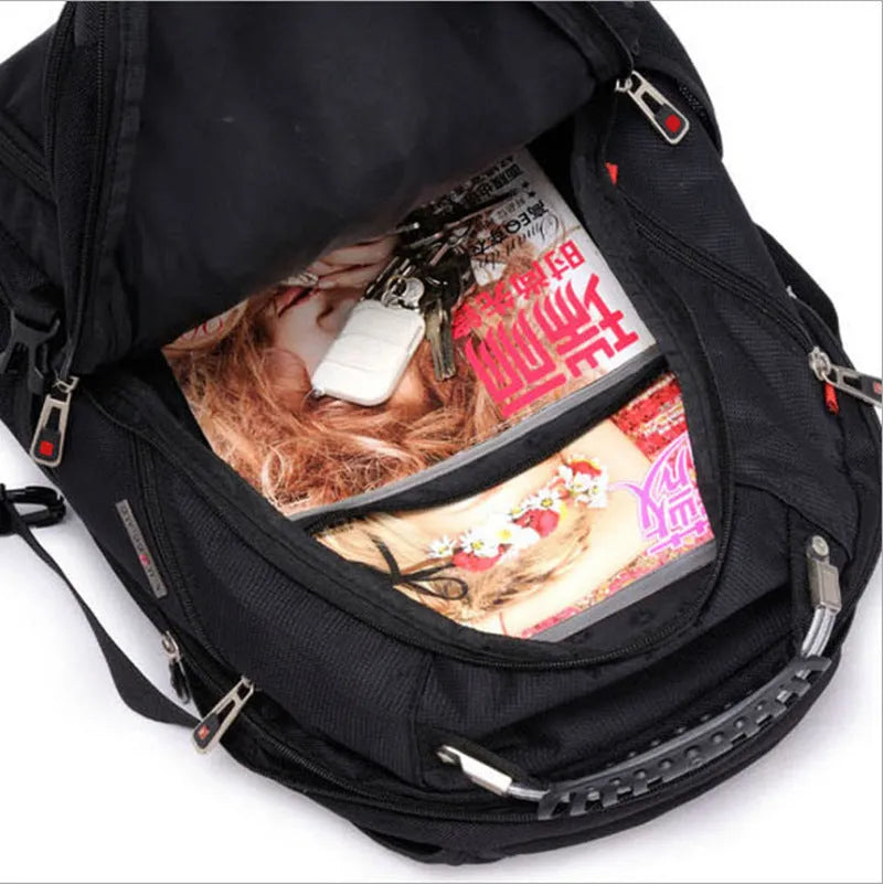 Black business computer backpack showing three compartments and laptop storage for 12-15 inch devices