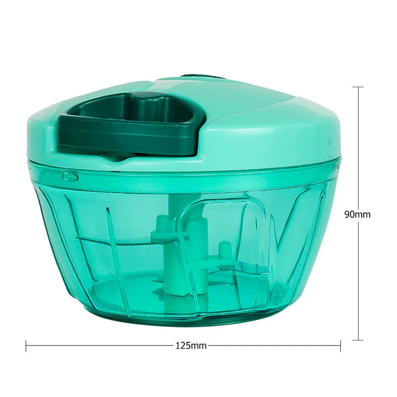 Green manual food chopper with lid open, showing three stainless steel blades inside a 500ml plastic container.