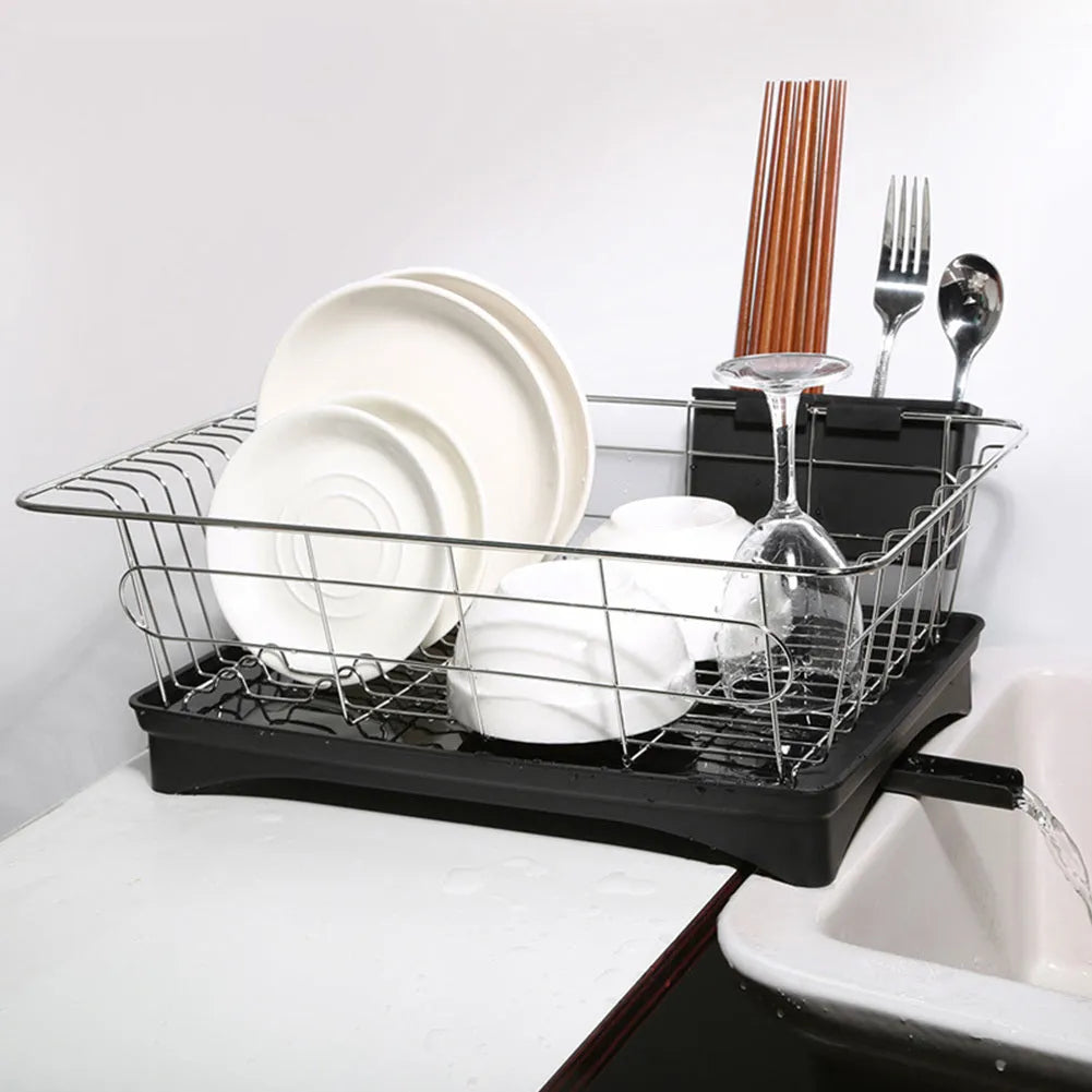 Stainless steel dish drying rack with cutlery holder and drain board on kitchen counter, black and white option, 42x28x15.5cm