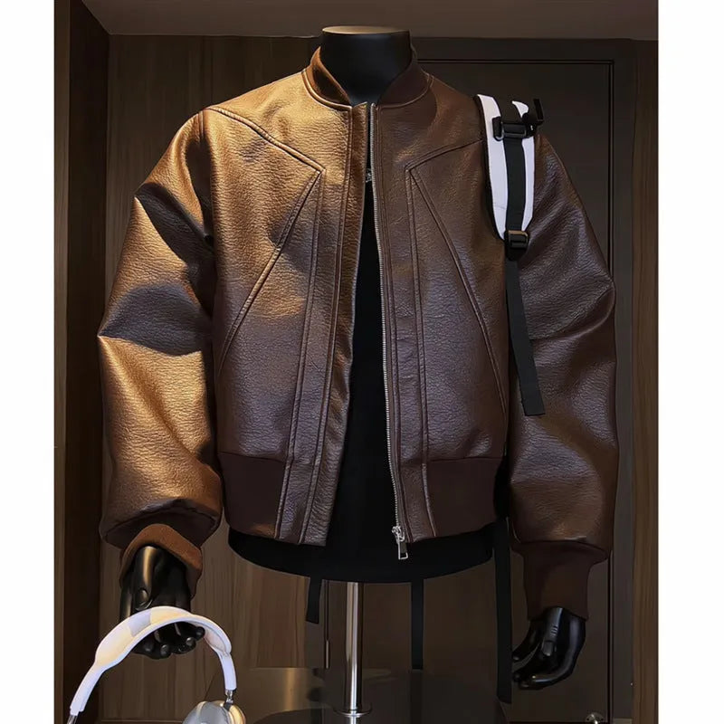 Men's extended 100cm black PU leather jacket with litchi grain texture in tight-fit design