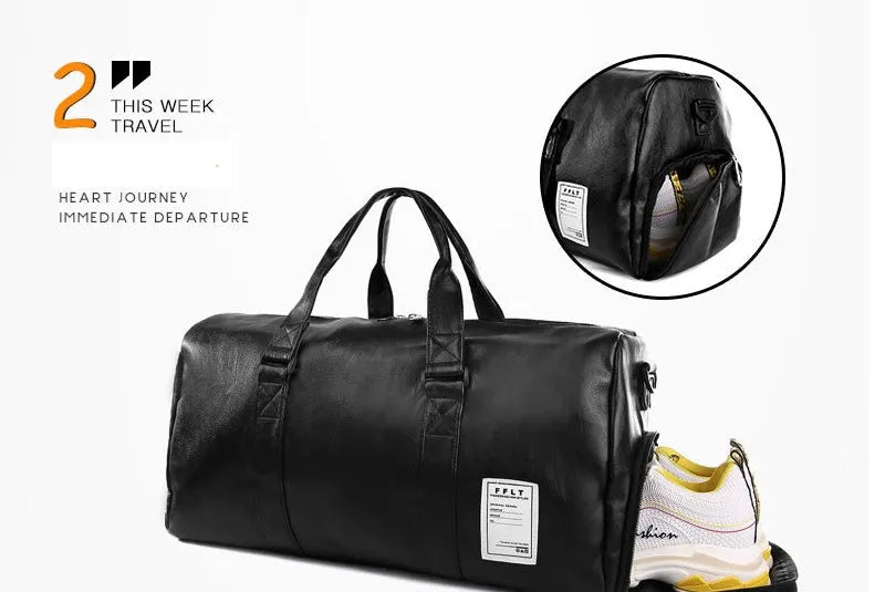 Black waterproof sports fitness bag with separate shoe compartments and diagonal carry straps.