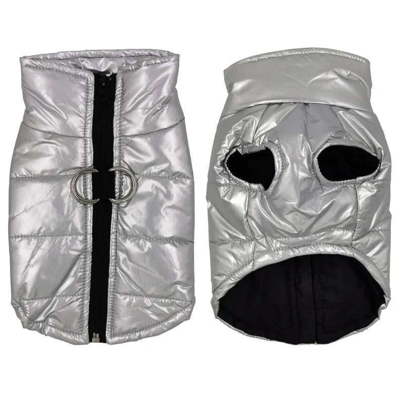Bright blue cotton waterproof dog vest jacket on a light background, with size S to 7XL options