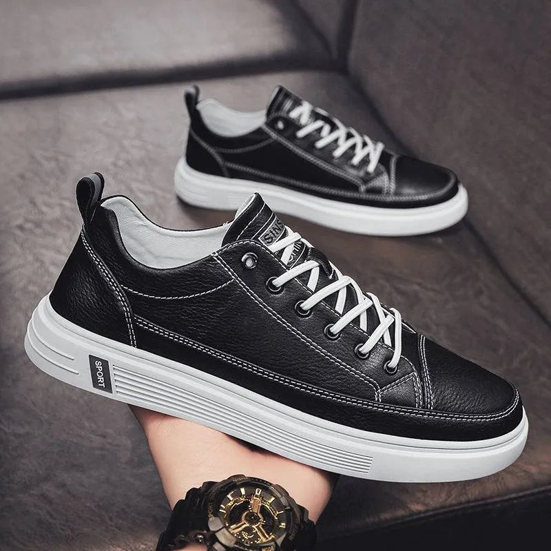 Men's white casual PU shoes with round toe, flat bottom, and low heel on a plain background.