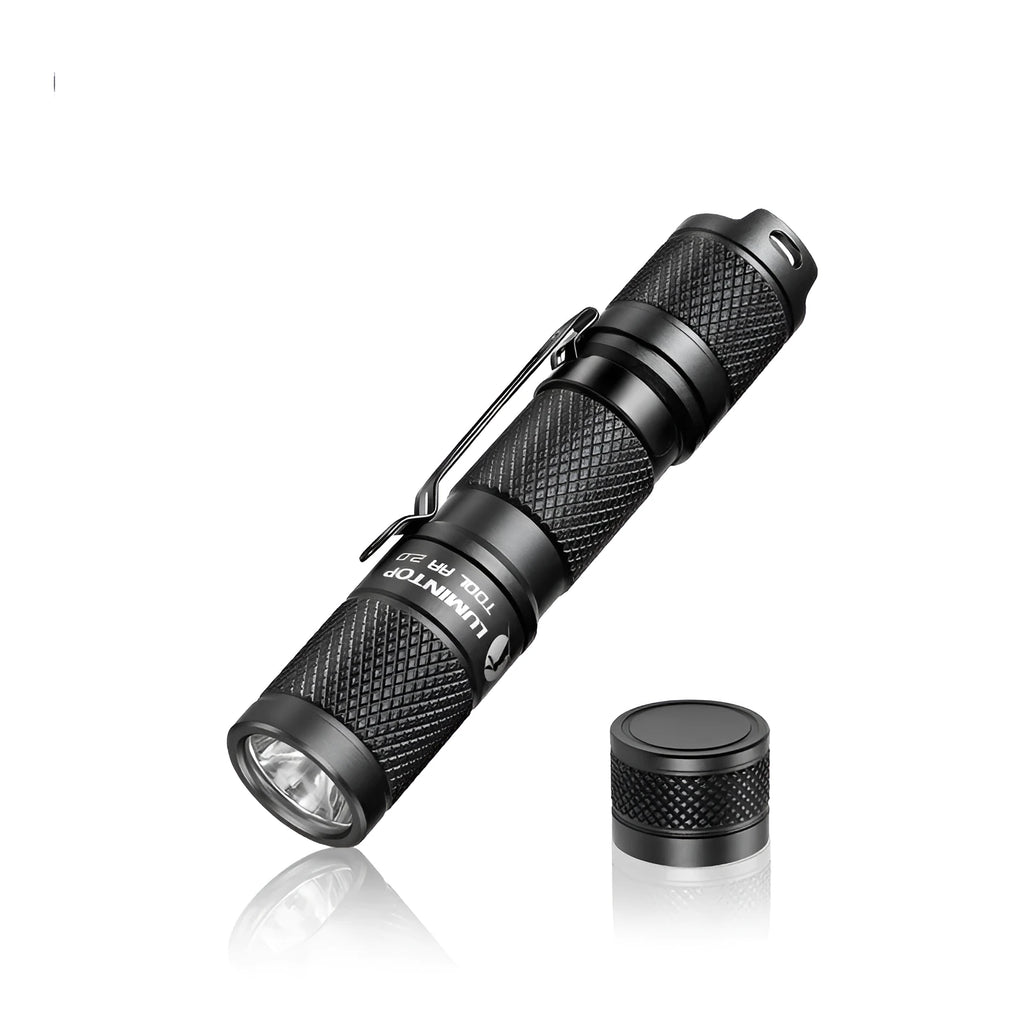 Lumintop Tool AA2.0 black keychain flashlight with tail switch and pocket clip on white background