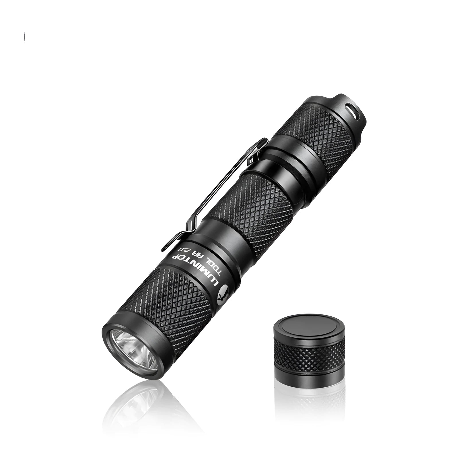Lumintop Tool AA2.0 black keychain flashlight with tail switch and pocket clip on white background
