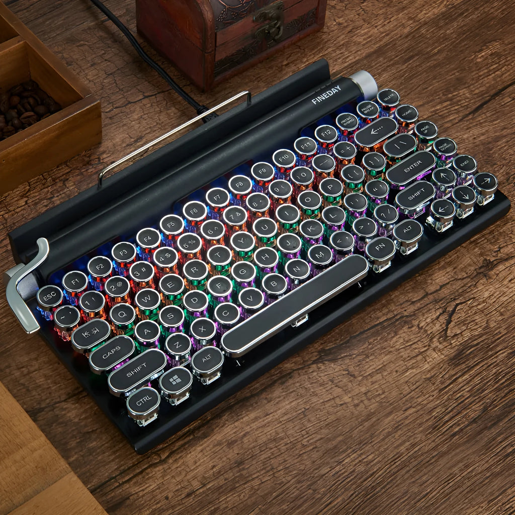 Black Dot retro typewriter style Bluetooth mechanical keyboard with colourful backlighting.