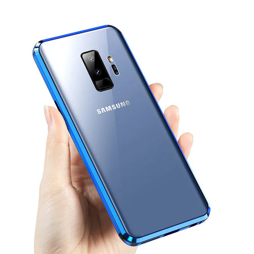 Black anti-peeping magnetic clamshell phone case for Samsung Galaxy smartphones showing closed and open views