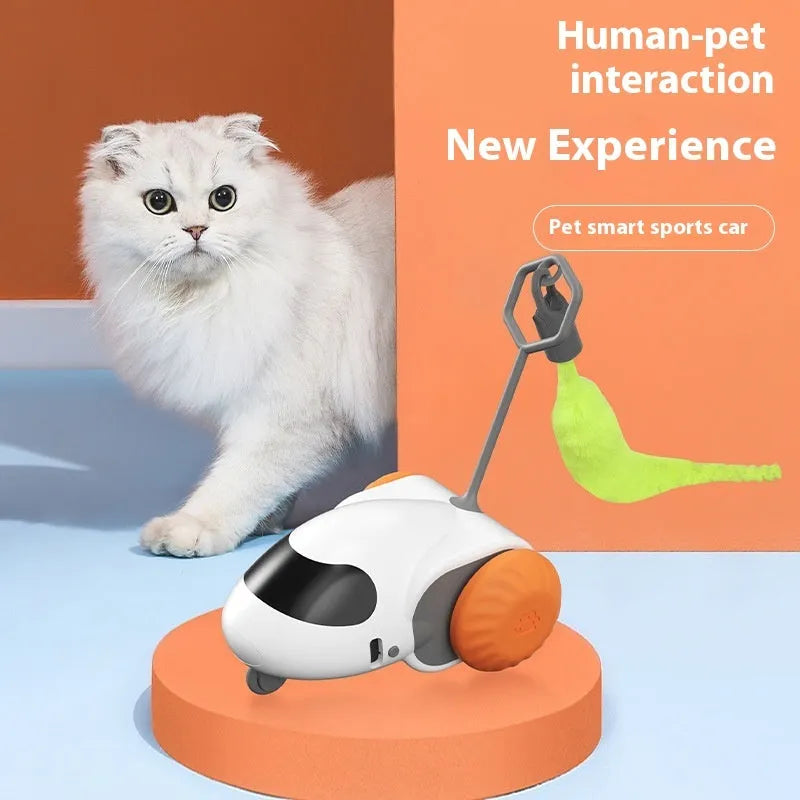 Smart running car electronic cat toy in light grey blue with motion sensors and Type-C charging port