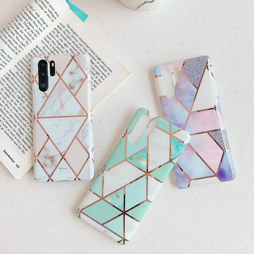 Electroplated marble design TPU phone case for Huawei and Samsung smartphones in multiple colours