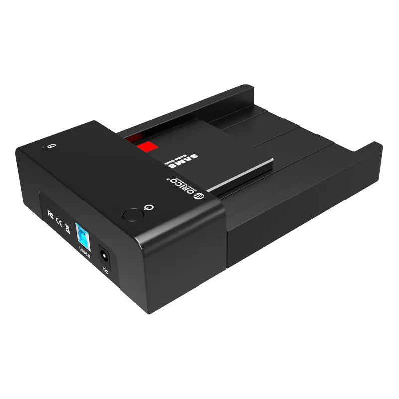 ORICO 6518US3 external hard drive enclosure in black for 2.5 and 3.5 inch SATA HDD SSD with USB 3.0 cable and power adapter