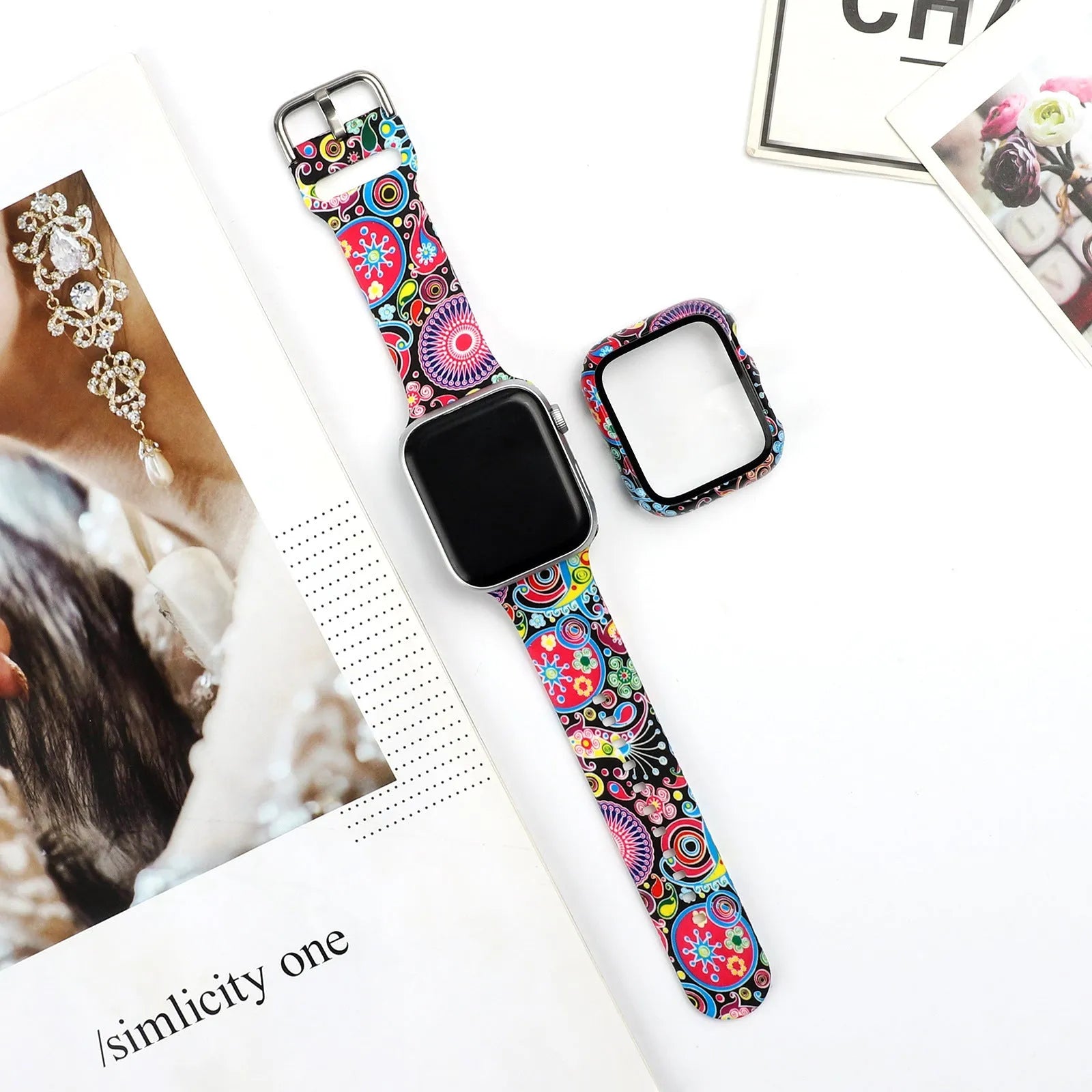 Printed silicone replacement strap for Apple iWatch models showing multiple design options and size selections.