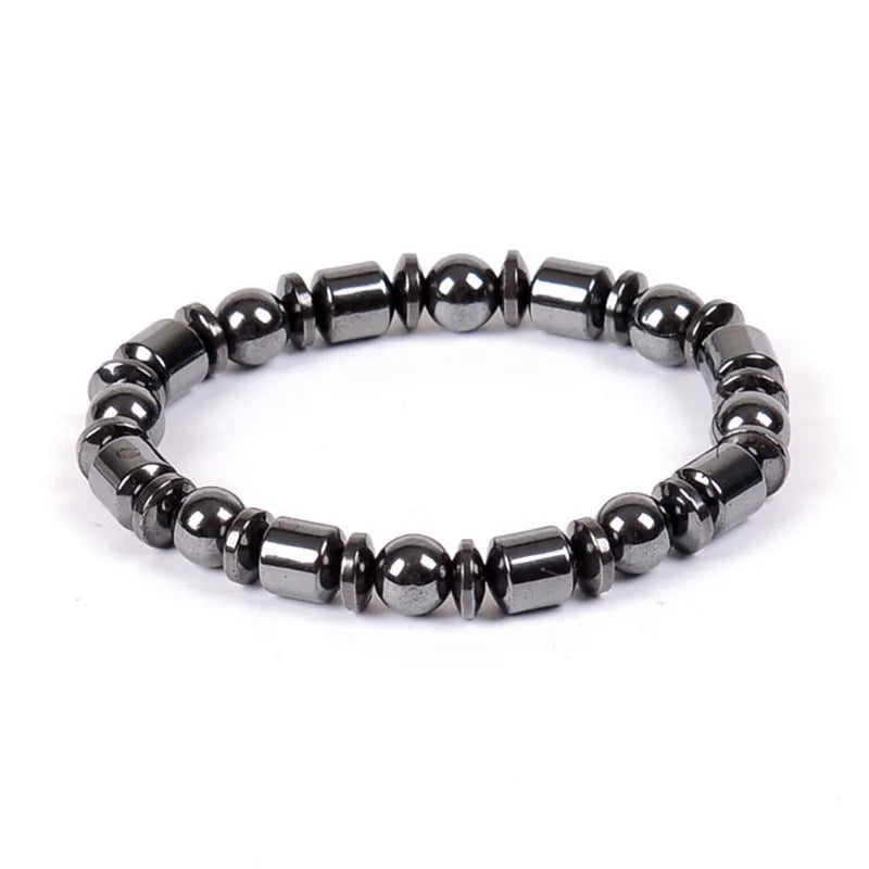 Black pentagram stone magnetic therapy bracelet with magnetite and hematite beads on a stretch band.