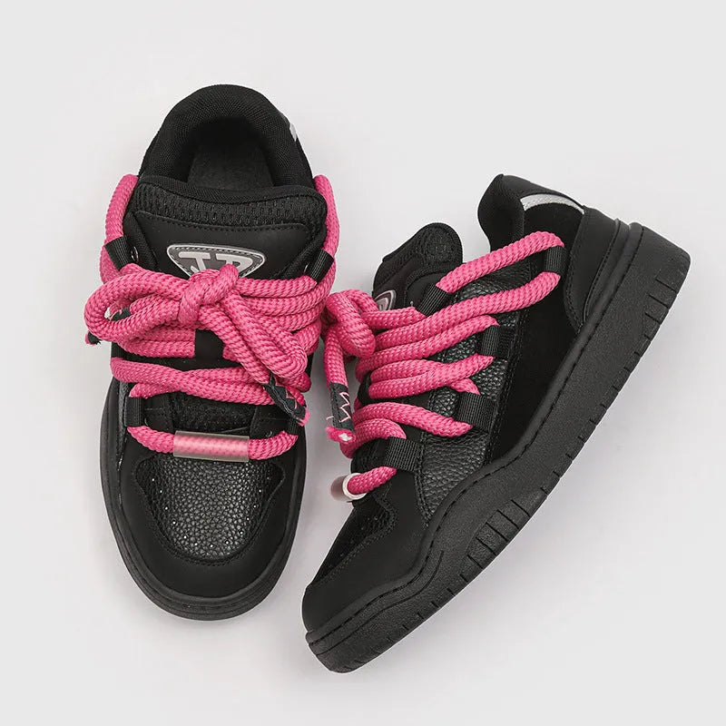 Unisex thick-soled casual lace-up shoes in denim blue with round toe and mesh lining.
