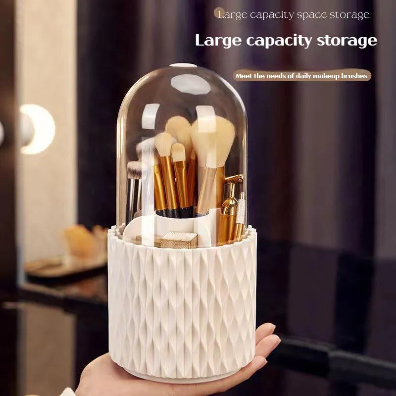 White rotating transparent acrylic makeup brush storage holder with dustproof lid on desktop