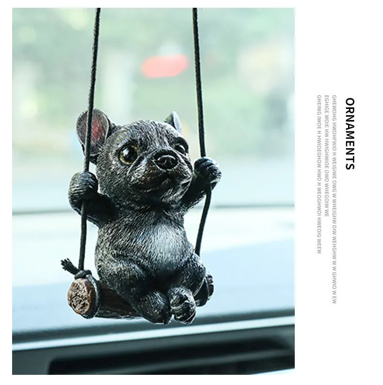 Resin cartoon bulldog car hanging ornament for rearview mirror in black, white, or yellow.