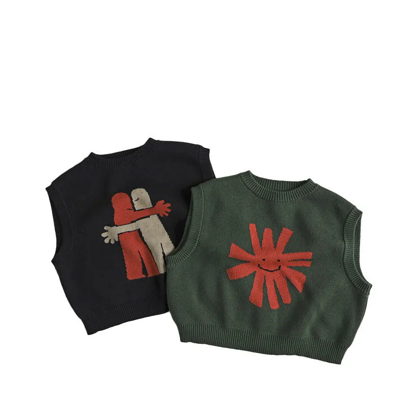 Unisex cartoon pattern cotton sweater for kids in black, suitable height 80-130cm